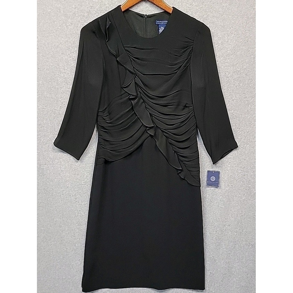 NEW DONCASTER Collection Womens Sz 6 Silk Lined Black Ruffle Ruched Midi‎ Dress